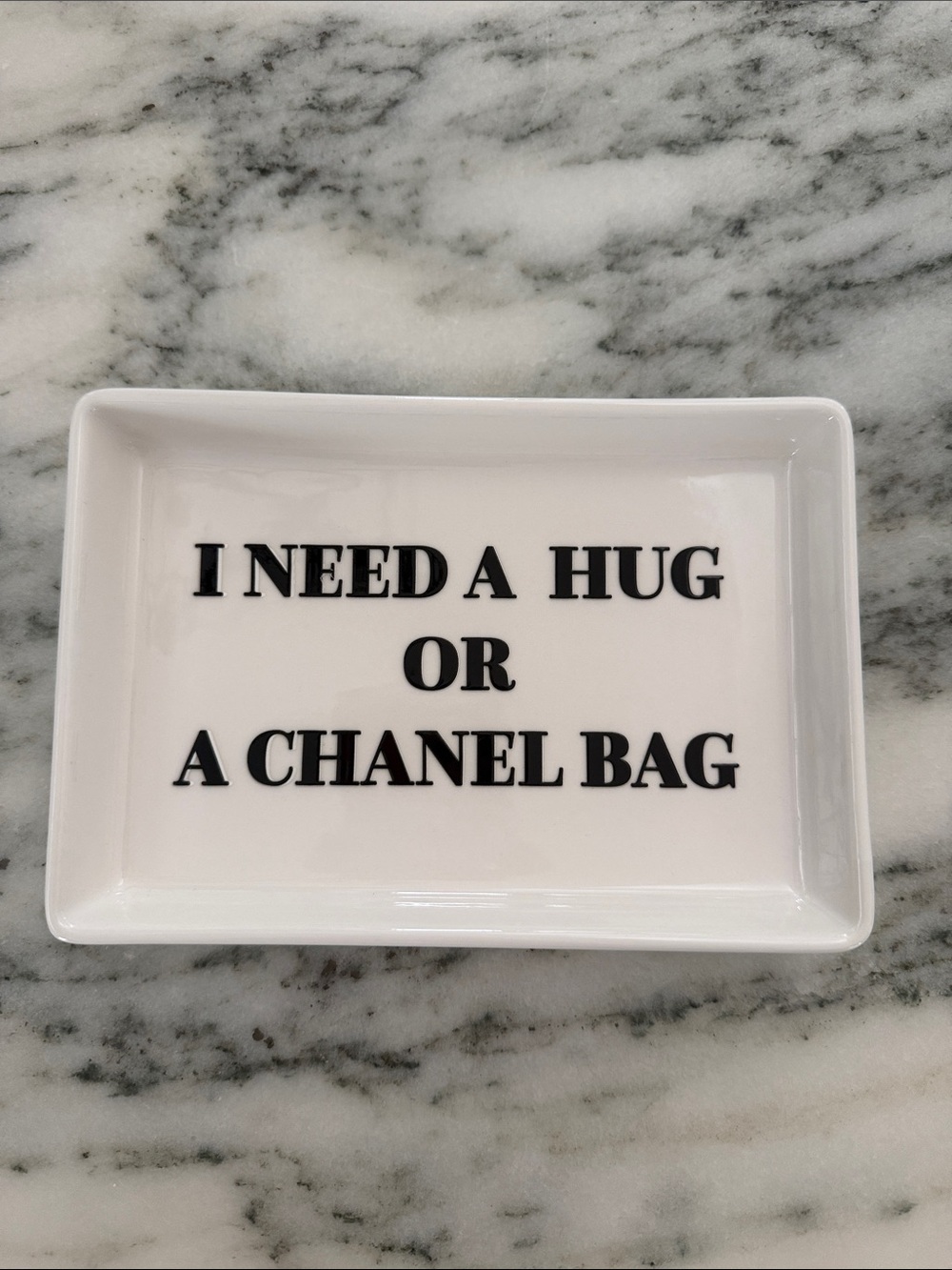I Need a Hug or a Chanel Bag White Black Ceramic Trinket Jewelry Tray